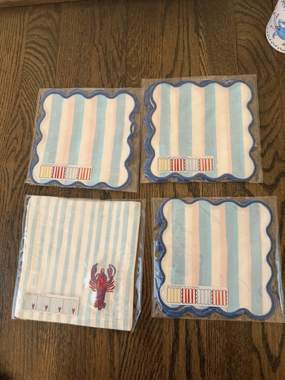 Cotton Scalloped Colorful Striped Set Of 16 Cocktail Napkins NWT
